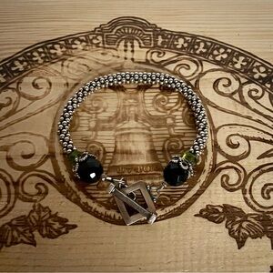 Handmade Silver Beaded Bracelet with Black & Green Gemstone Accents – 8”